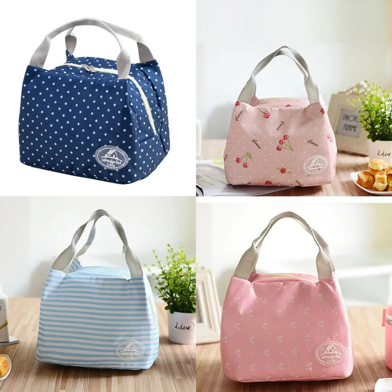 Geantă portabilă de prânz cu puncte în dungi, izolată termic, păstrează siguranța alimentelor, la cald, geantă de prânz pentru fete, femei, geantă izolată pentru cutie de prânz
