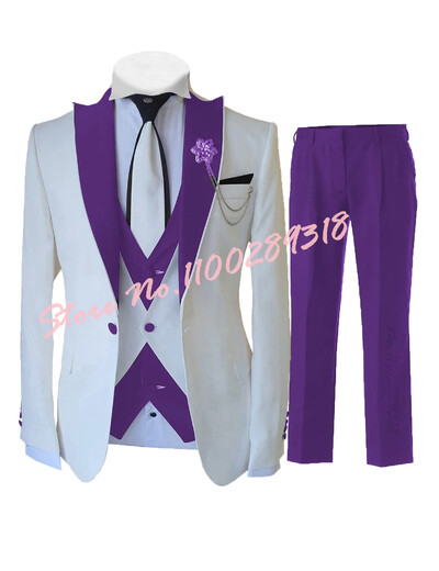 2024 Costume albe personalizate pentru bărbați Set 3 piese Slim Fit Nunta formală Cel mai bun bărbat Mire Tuxedo Moda de lux (Blazer+Vest+Pantaloni)