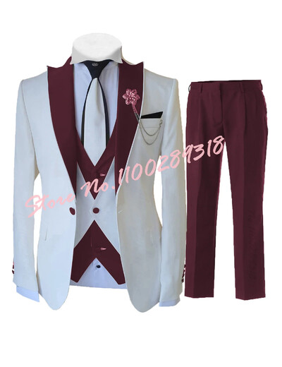 2024 Costume albe personalizate pentru bărbați Set 3 piese Slim Fit Nunta formală Cel mai bun bărbat Mire Tuxedo Moda de lux (Blazer+Vest+Pantaloni)