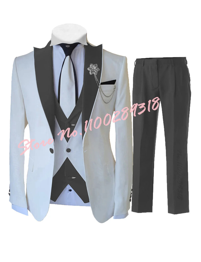 2024 Costume albe personalizate pentru bărbați Set 3 piese Slim Fit Nunta formală Cel mai bun bărbat Mire Tuxedo Moda de lux (Blazer+Vest+Pantaloni)