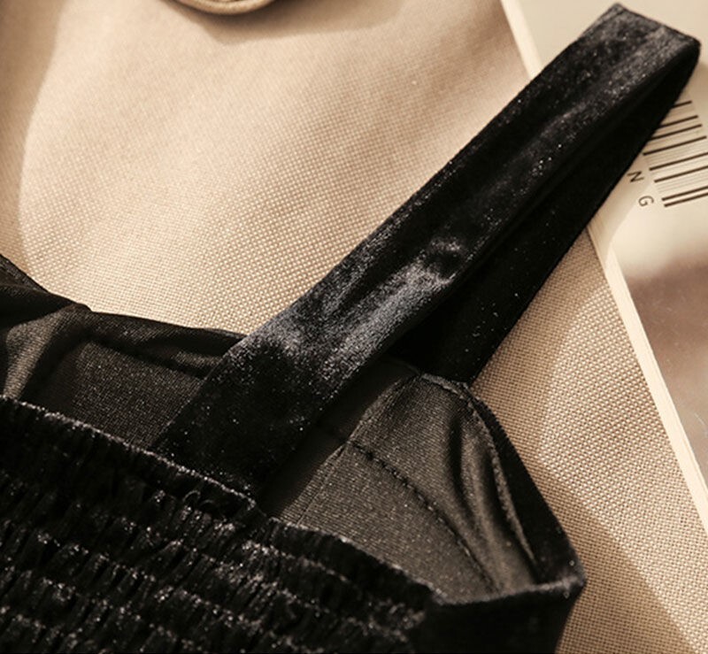 Дизайнерска инкрустирана с диаманти черна кадифена камизолка, френска мода за есента и зимата, нов стил, малък къс стил, красив гръб