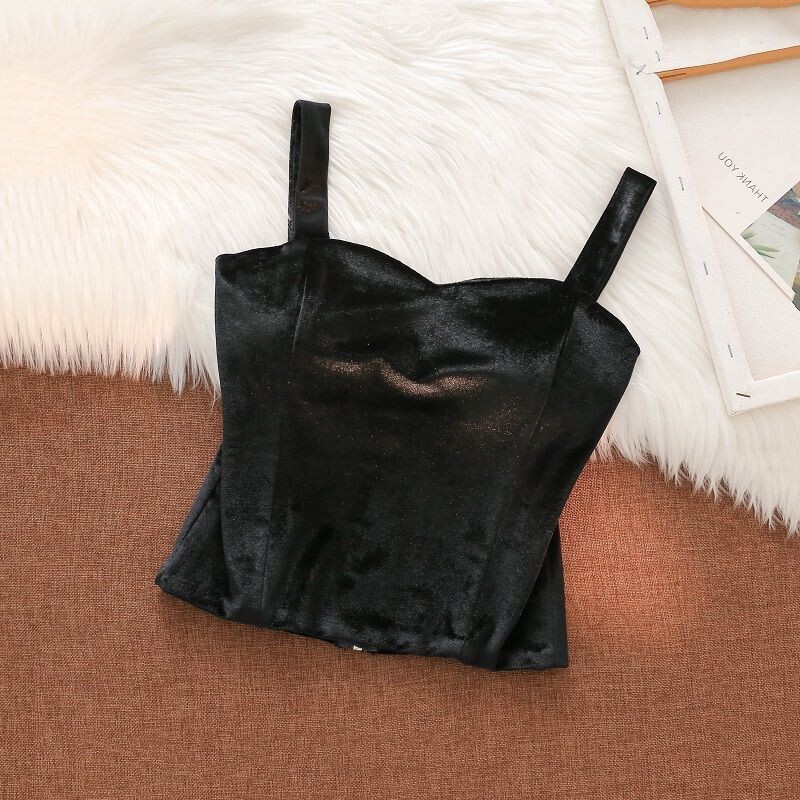 Дизайнерска инкрустирана с диаманти черна кадифена камизолка, френска мода за есента и зимата, нов стил, малък къс стил, красив гръб