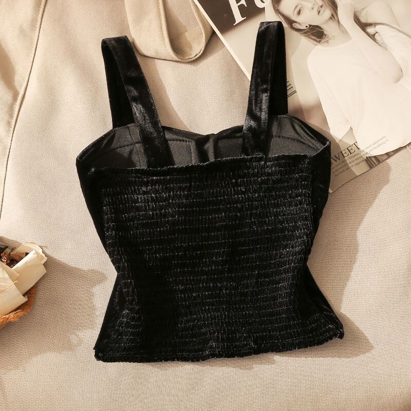 Дизайнерска инкрустирана с диаманти черна кадифена камизолка, френска мода за есента и зимата, нов стил, малък къс стил, красив гръб