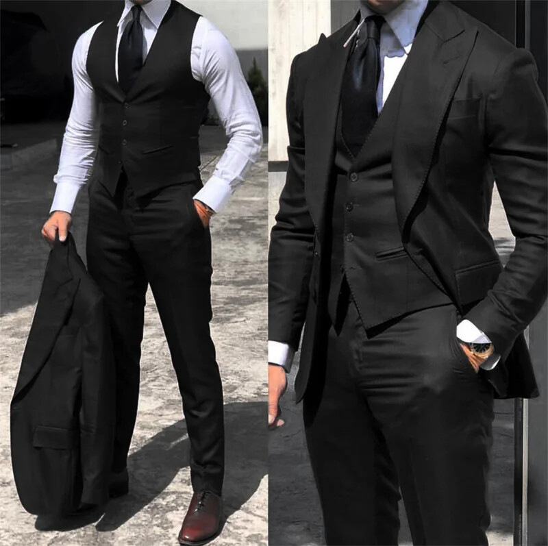 Costum 3 bucăți negru clasic pentru bărbați, smoking, rever, costume de nuntă, set de costume de nuntă pentru bărbați de afaceri, jachetă+pantaloni+vestă