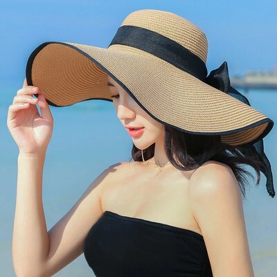 Sulankstoma didelė šiaudinė skrybėlė, moteriška vasaros paplūdimio atostogoms Apsauga nuo saulės Smėlio paplūdimio kepurė nuo saulės Ledyno kepurė šiaudinė kepurė