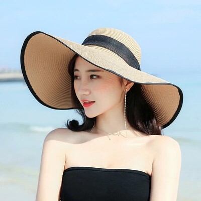 Sulankstoma didelė šiaudinė skrybėlė, moteriška vasaros paplūdimio atostogoms Apsauga nuo saulės Smėlio paplūdimio kepurė nuo saulės Ledyno kepurė šiaudinė kepurė