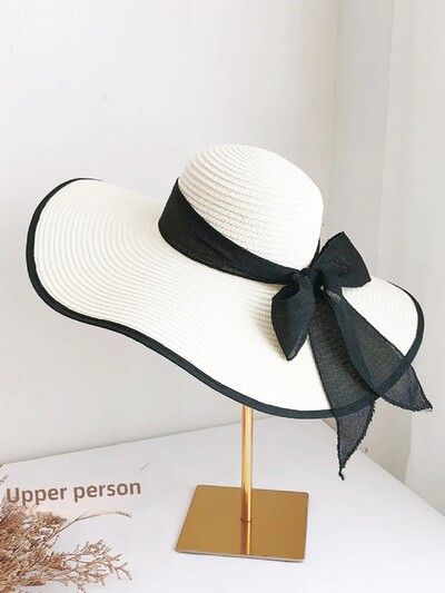 Sulankstoma didelė šiaudinė skrybėlė, moteriška vasaros paplūdimio atostogoms Apsauga nuo saulės Smėlio paplūdimio kepurė nuo saulės Ledyno kepurė šiaudinė kepurė