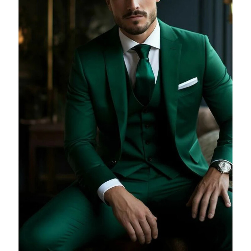 Zelena jednoredna odijela na rever za muškarce, 3-dijelna formalna dnevna, ležerna, uska poslovna odjeća Elegantni vjenčani smoking za mladoženju