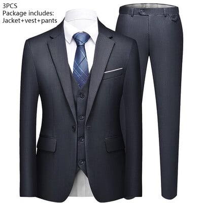 Vīriešu uzvalki kāzām, 3 dab. — eleganti 2 tērpu komplekti, žaketes jakas, veste, bikses, modes greznība, vasaras klasika 2024, svinīgs apģērbs
