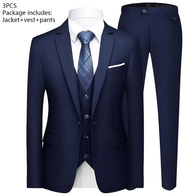 Vīriešu uzvalki kāzām, 3 dab. — eleganti 2 tērpu komplekti, žaketes jakas, veste, bikses, modes greznība, vasaras klasika 2024, svinīgs apģērbs