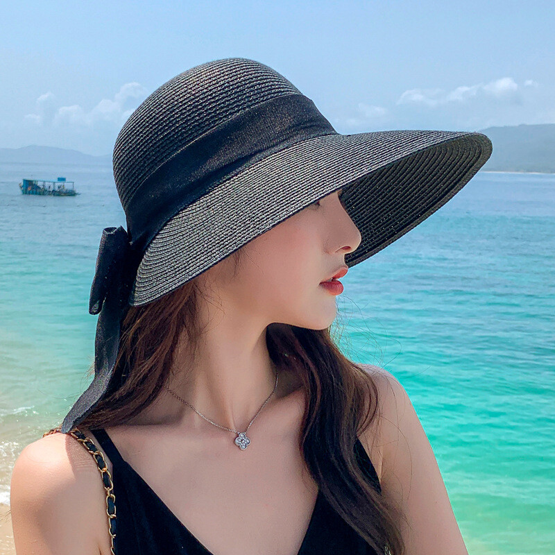 Big Bowknot vasaras salmu cepure sievietēm Sieviešu platmalas salokāmas retro krāsu sauļošanās Panamas vāciņš āra pludmales ceļojumu vizieru cepures