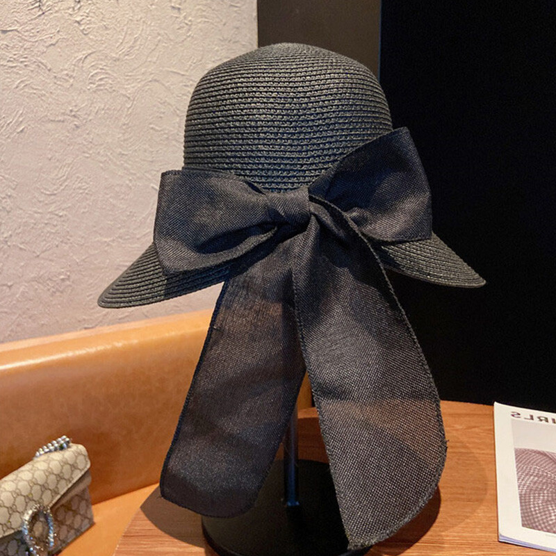 Big Bowknot vasaras salmu cepure sievietēm Sieviešu platmalas salokāmas retro krāsu sauļošanās Panamas vāciņš āra pludmales ceļojumu vizieru cepures