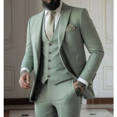 Sage Green Slim Fit vīriešu kostīmi, trīsdaļīgi (jaka + veste + bikses) Kāzu līgavainis smokingi Izlaiduma balles svinības vīriešu bleizeri Traje Hombre