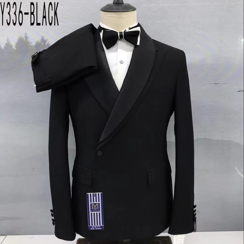Costume negre de modă pentru bărbați, slim fit, pantaloni, pantaloni, set 2 piese, bal, nuntă, afaceri, costum pentru bărbați, șal, rever, smoking