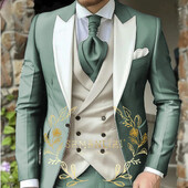 Costum de bărbați clasic verde deschis 3 piese smoking cu rever cu vârfuri Set de costume de nuntă pentru bărbați la modă Business Blazer Pantaloni Vestă