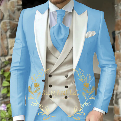 Costum de bărbați clasic verde deschis 3 piese smoking cu rever cu vârfuri Set de costume de nuntă pentru bărbați la modă Business Blazer Pantaloni Vestă