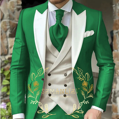 Costum de bărbați clasic verde deschis 3 piese smoking cu rever cu vârfuri Set de costume de nuntă pentru bărbați la modă Business Blazer Pantaloni Vestă