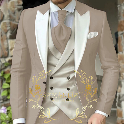 Costum de bărbați clasic verde deschis 3 piese smoking cu rever cu vârfuri Set de costume de nuntă pentru bărbați la modă Business Blazer Pantaloni Vestă