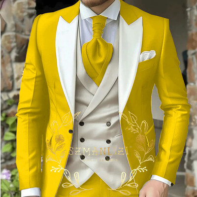 Costum de bărbați clasic verde deschis 3 piese smoking cu rever cu vârfuri Set de costume de nuntă pentru bărbați la modă Business Blazer Pantaloni Vestă