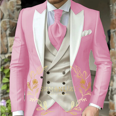 Costum de bărbați clasic verde deschis 3 piese smoking cu rever cu vârfuri Set de costume de nuntă pentru bărbați la modă Business Blazer Pantaloni Vestă