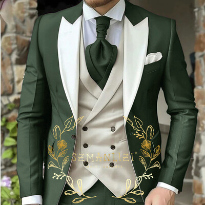 Costum de bărbați clasic verde deschis 3 piese smoking cu rever cu vârfuri Set de costume de nuntă pentru bărbați la modă Business Blazer Pantaloni Vestă