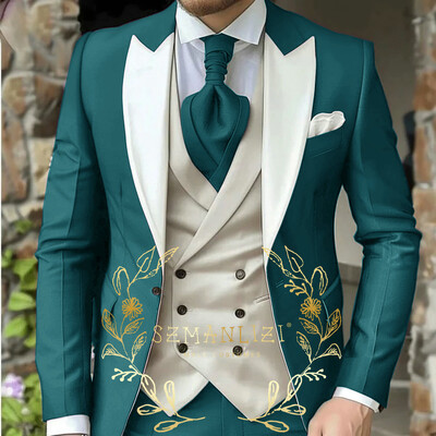 Costum de bărbați clasic verde deschis 3 piese smoking cu rever cu vârfuri Set de costume de nuntă pentru bărbați la modă Business Blazer Pantaloni Vestă