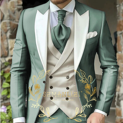 Costum de bărbați clasic verde deschis 3 piese smoking cu rever cu vârfuri Set de costume de nuntă pentru bărbați la modă Business Blazer Pantaloni Vestă