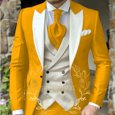 Costum de bărbați clasic verde deschis 3 piese smoking cu rever cu vârfuri Set de costume de nuntă pentru bărbați la modă Business Blazer Pantaloni Vestă