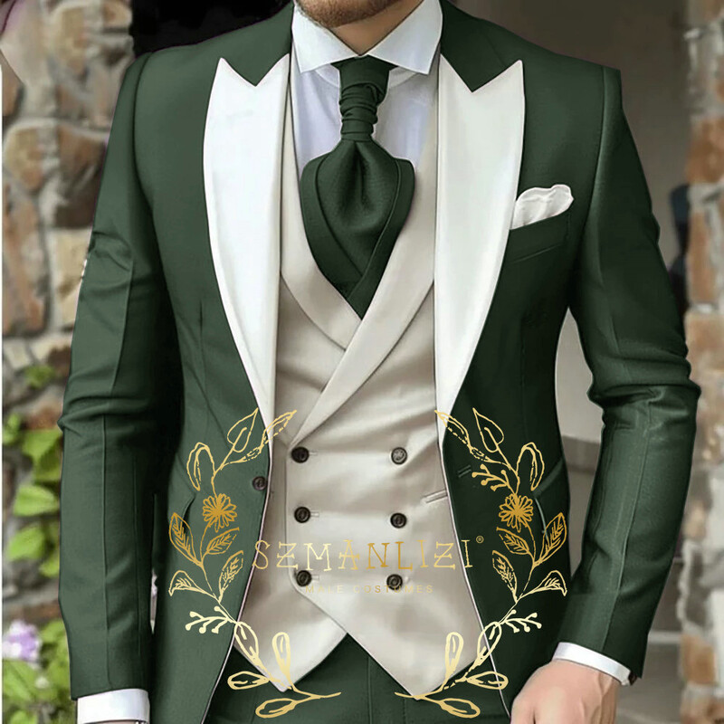 Costum de bărbați clasic verde deschis 3 piese smoking cu rever cu vârfuri Set de costume de nuntă pentru bărbați la modă Business Blazer Pantaloni Vestă