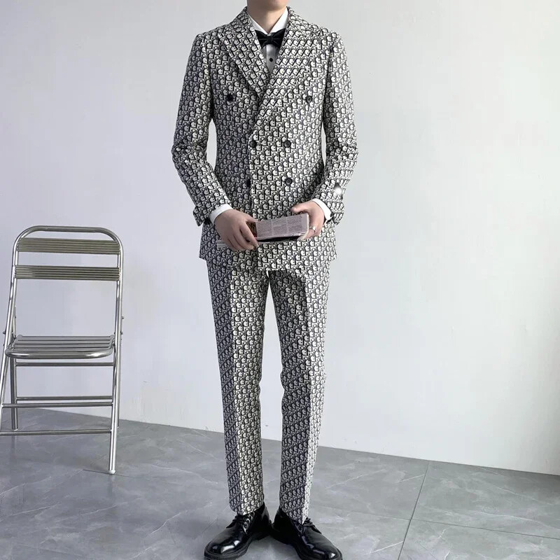 Costume pentru bărbați cu litere imprimate, smoking de mire, slim fit, la dublu piept, pentru nuntă, 2 buc, costum masculin, jachetă cu pantaloni 2024