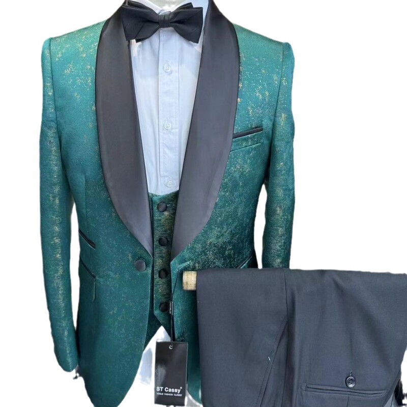 Zelena cvjetna muška odijela za maturalnu zabavu 3 kom. Jacquard vjenčanje Mladoženja Smoking Svečano odijelo za zabavu Blazer s hlačama Prsluk 2025