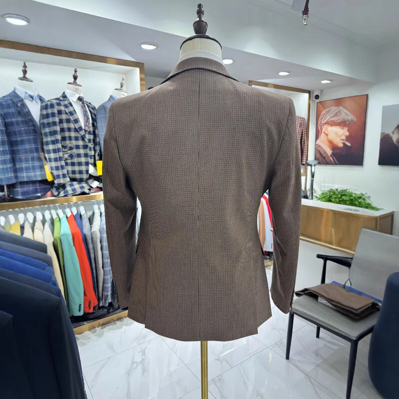 Costume bărbați în carouri 3 buc. Jachetă cu rever cu vârf de vestă, pantaloni, smoking de nuntă slim fit pentru mire, costum masculin, blazer 2025