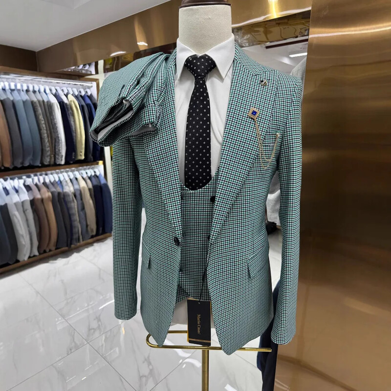 Costume bărbați în carouri 3 buc. Jachetă cu rever cu vârf de vestă, pantaloni, smoking de nuntă slim fit pentru mire, costum masculin, blazer 2025