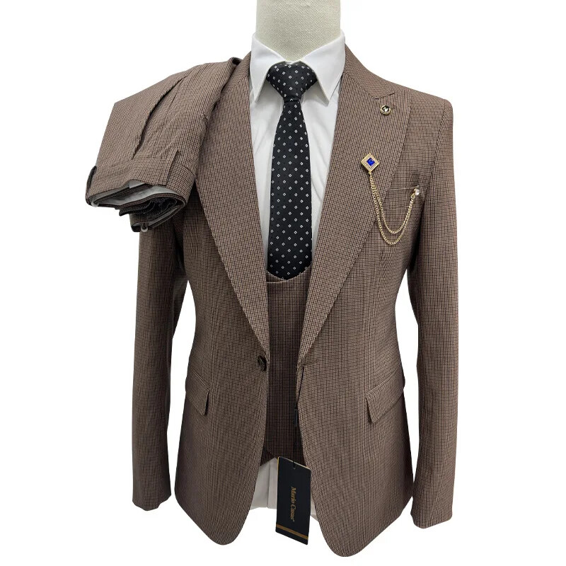 Costume bărbați în carouri 3 buc. Jachetă cu rever cu vârf de vestă, pantaloni, smoking de nuntă slim fit pentru mire, costum masculin, blazer 2025