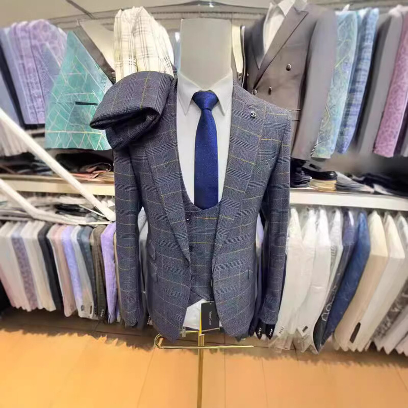 Rūtaini vīriešu uzvalki izlaiduma ballītei, 3 dab. Kāzu līgavainis smokings, vīriešu modes ikdienas uzvalks, jaka, veste ar biksēm