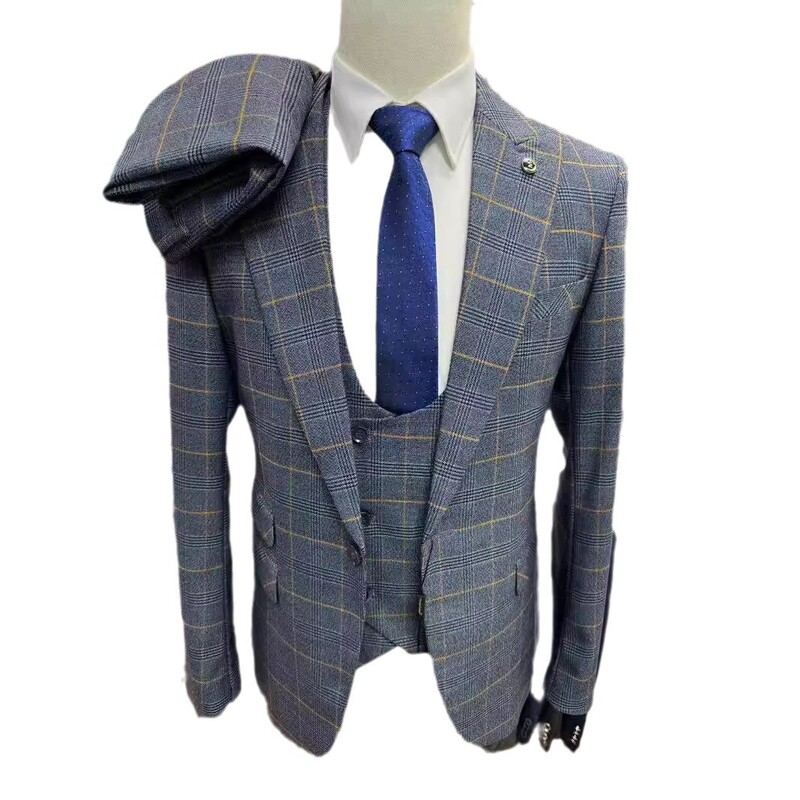 Rūtaini vīriešu uzvalki izlaiduma ballītei, 3 dab. Kāzu līgavainis smokings, vīriešu modes ikdienas uzvalks, jaka, veste ar biksēm