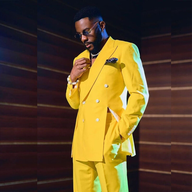 Costume pentru bărbați, galbene de modă, stil special, cu rever cu vârf, blazer de lux, jachetă 2 piese, pantaloni, blazer șic personalizat