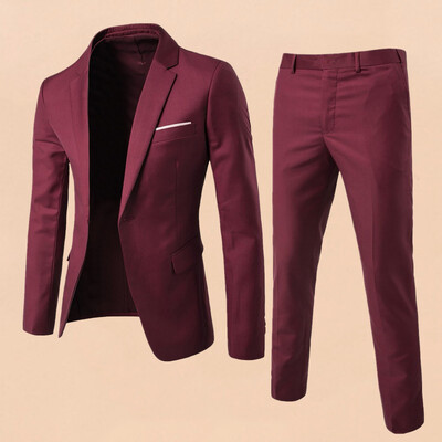 2 bucăți/set pantaloni blazer pentru bărbați, culoare solidă, rever, mânecă lungă, cu un singur piept, costum pentru bărbați, haină, pantaloni, costum de afaceri cu talie mijlocie, pentru bărbați