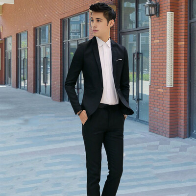 2 bucăți/set pantaloni blazer pentru bărbați, culoare solidă, rever, mânecă lungă, cu un singur piept, costum pentru bărbați, haină, pantaloni, costum de afaceri cu talie mijlocie, pentru bărbați