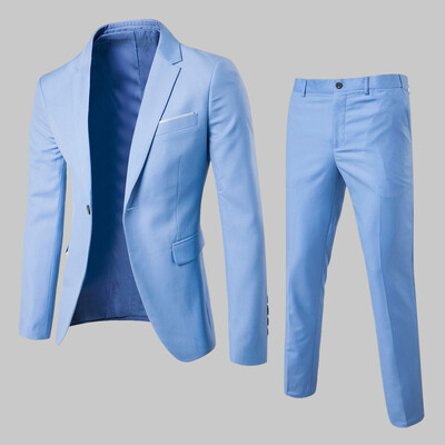 2 bucăți/set pantaloni blazer pentru bărbați, culoare solidă, rever, mânecă lungă, cu un singur piept, costum pentru bărbați, haină, pantaloni, costum de afaceri cu talie mijlocie, pentru bărbați