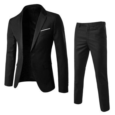 2 bucăți/set pantaloni blazer pentru bărbați, culoare solidă, rever, mânecă lungă, cu un singur piept, costum pentru bărbați, haină, pantaloni, costum de afaceri cu talie mijlocie, pentru bărbați