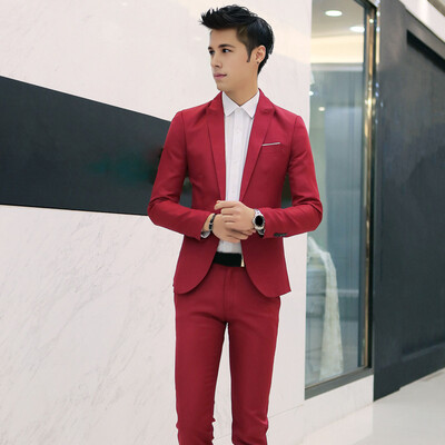 2 bucăți/set pantaloni blazer pentru bărbați, culoare solidă, rever, mânecă lungă, cu un singur piept, costum pentru bărbați, haină, pantaloni, costum de afaceri cu talie mijlocie, pentru bărbați