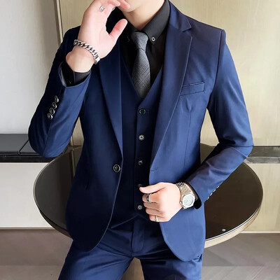 Nou (Blazer+ Vestă + Pantaloni) Moda bărbătească Afaceri Gentleman Rochie formală profesională Versiune coreeană Costum rochie de banchet 6XL