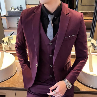 Nou (Blazer+ Vestă + Pantaloni) Moda bărbătească Afaceri Gentleman Rochie formală profesională Versiune coreeană Costum rochie de banchet 6XL