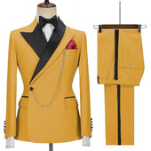 Ultimul design, galben, costume pentru bărbați, rever cu vârf, un buton, ocazional, subțire, pentru bărbați, pentru nuntă, mire, elegant, 2 piese, pantaloni blazer