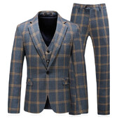 Costum elegant pentru bărbați în carouri, 3 piese, ocazional inteligent, cu un singur piept, slim fit, blazer cu rever, vestă, pantaloni, costum masculin de înaltă calitate