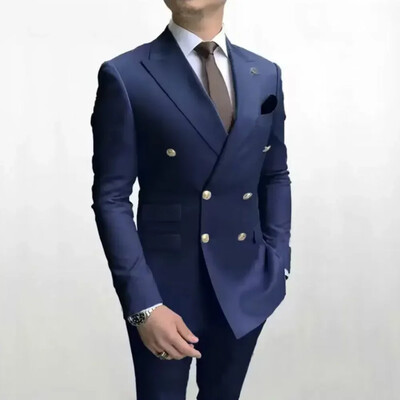 Nou ocazional 2 piese costum bărbătesc dublu piept pentru afaceri cu tăietură standard cu rever cu crestătură smoking cu minge de nuntă (costum + pantaloni) Îmbrăcăminte pentru bărbați