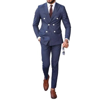 Ριγέ ανδρικά κοστούμια Fashion Slim Fit 2 τεμαχίων Blazer Παντελόνι με διπλό στήθος Classic Fit outfits για τον γαμπρό του γάμου