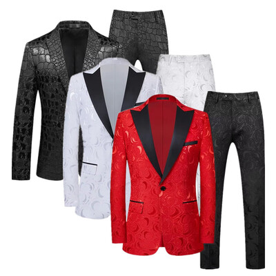 Costum Jacquard Gentleman de ultimă generație Îmbrăcăminte pentru bărbați Roșu Negru Alb Moda de lux pentru bărbați Rochie de nuntă pentru bărbați Blazer și pantaloni slim fit