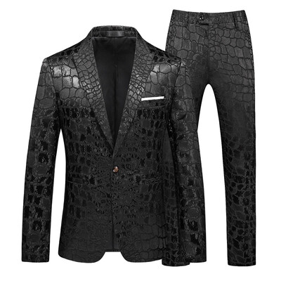 Costum Jacquard Gentleman de ultimă generație Îmbrăcăminte pentru bărbați Roșu Negru Alb Moda de lux pentru bărbați Rochie de nuntă pentru bărbați Blazer și pantaloni slim fit